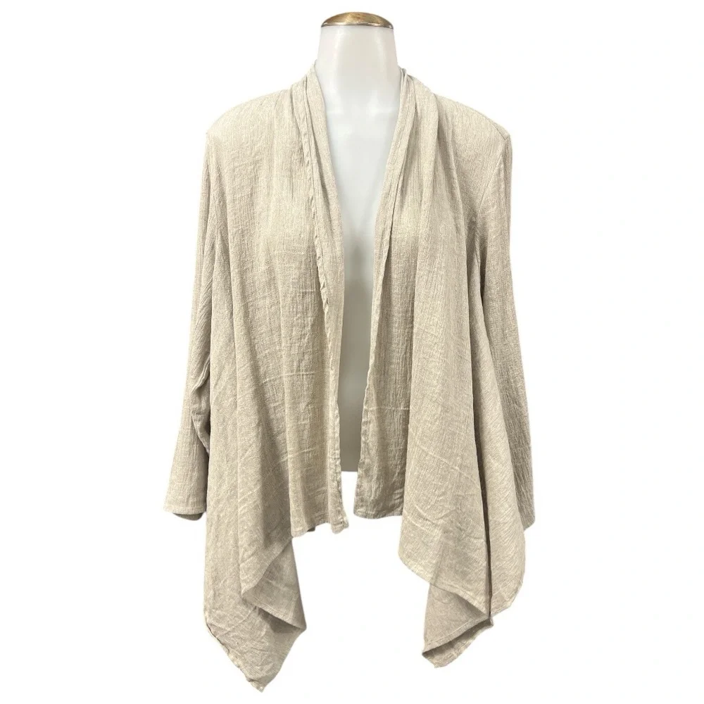 Eileen Fisher XL Coastal Linen Cotton Blend Open Front Drape Cardigan Lagenlook